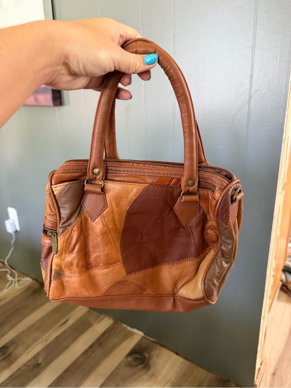Patchwork Leather Satchel Handbag in Brown